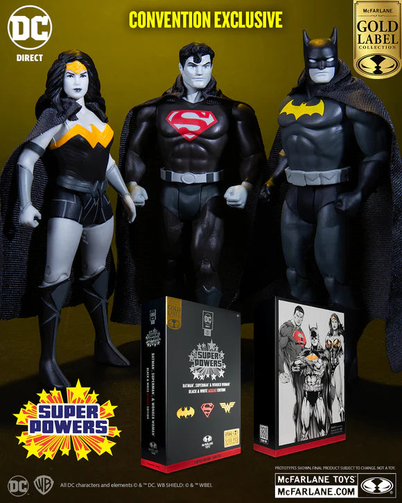 Dc Direct Super Powers 3 Pack - Superman & Wonder Woman & Batman (B&W With Accent) (Gold Label)